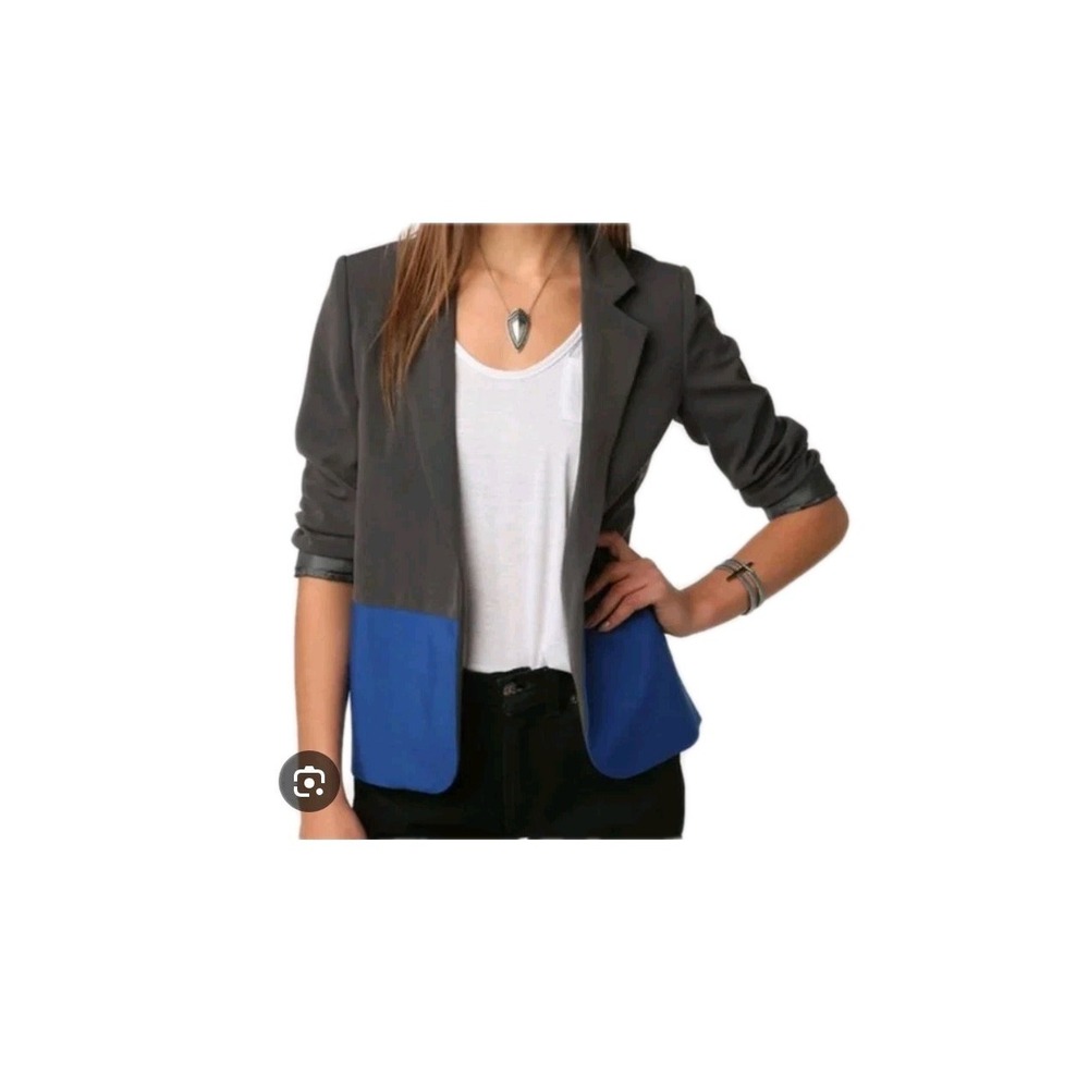 SILENCE+NOISE Gray and Blue Color Block Blazer Jacket Open Front Casual Office